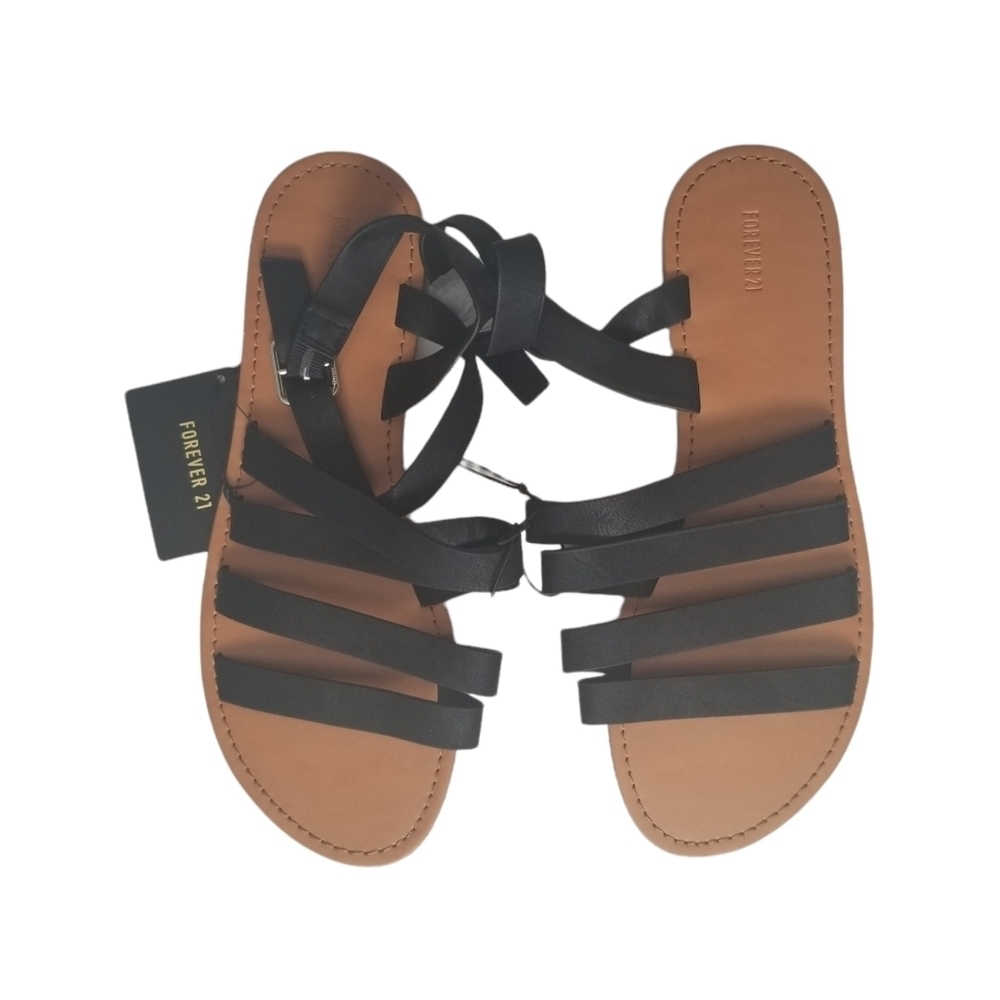 Forever 21 Faux Leather Ankle Wrap Black Gladiator Style Sandals Size 9.